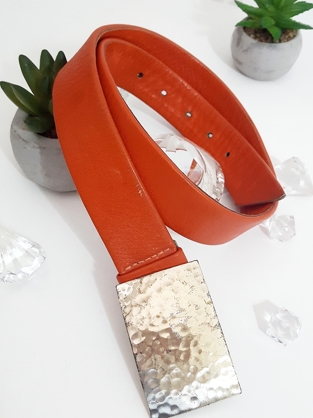Scott David🧡Vintage Orange Leather Belt with Hammered Silver Metal Buckle